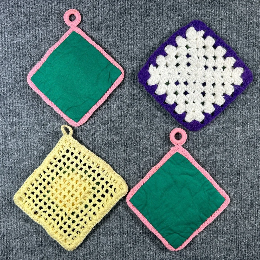 Vintage Set Of 4 Handmade Crocheted 3D Rose Potholders Irish Cabbage Grandmacore